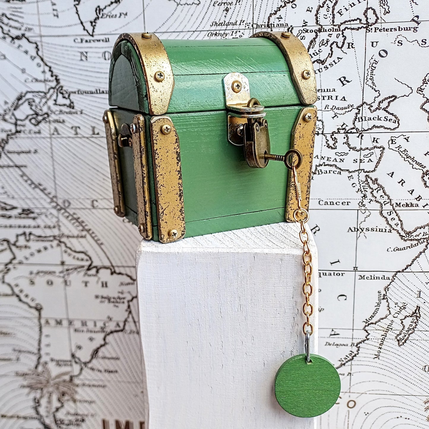 Mini treasure chest industrial vintage " Green Gold " handcrafted in Italy , valuable box for watch and jewels