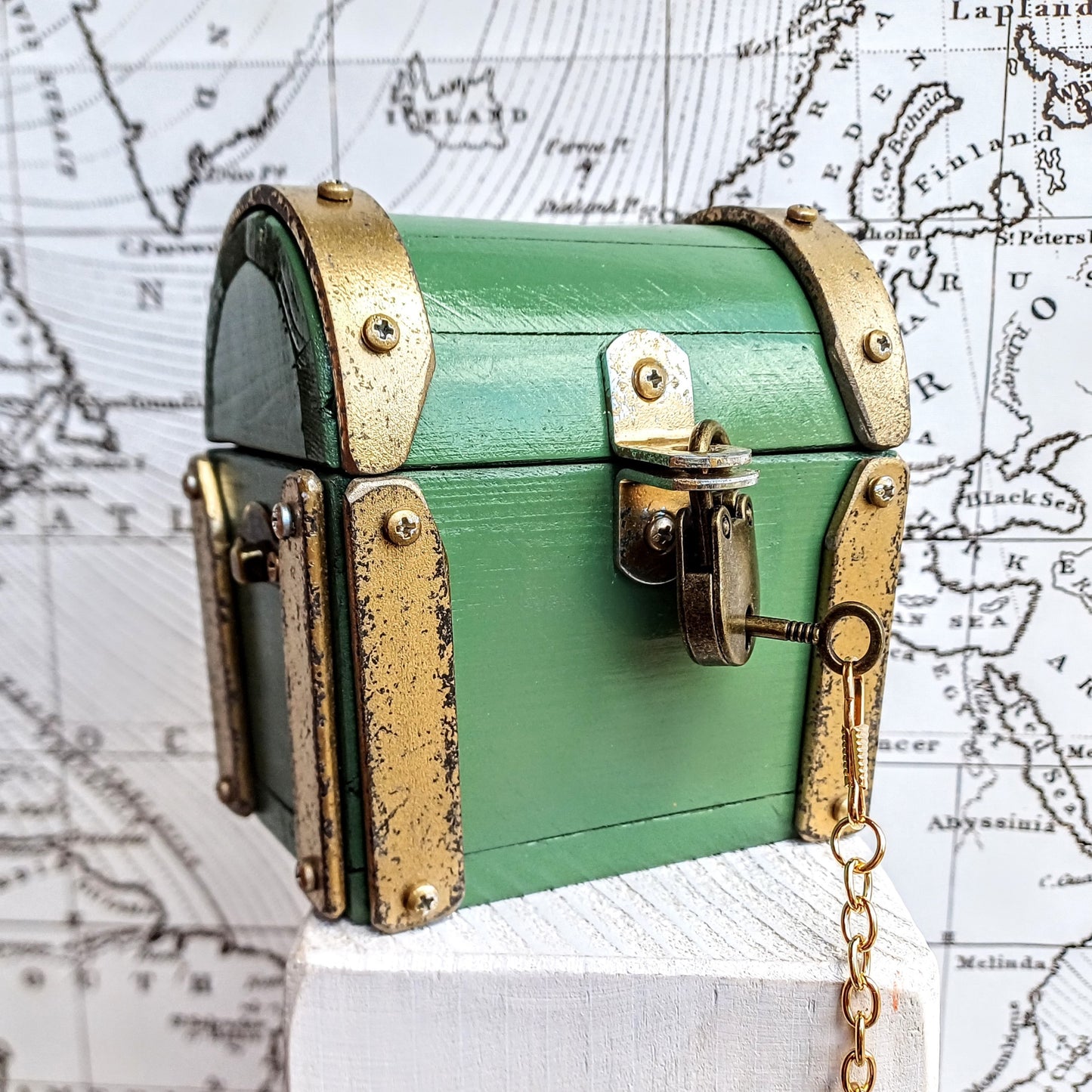 Mini treasure chest industrial vintage " Green Gold " handcrafted in Italy , valuable box for watch and jewels
