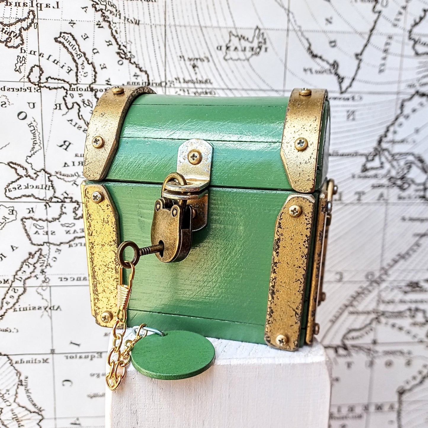 Mini treasure chest industrial vintage " Green Gold " handcrafted in Italy , valuable box for watch and jewels