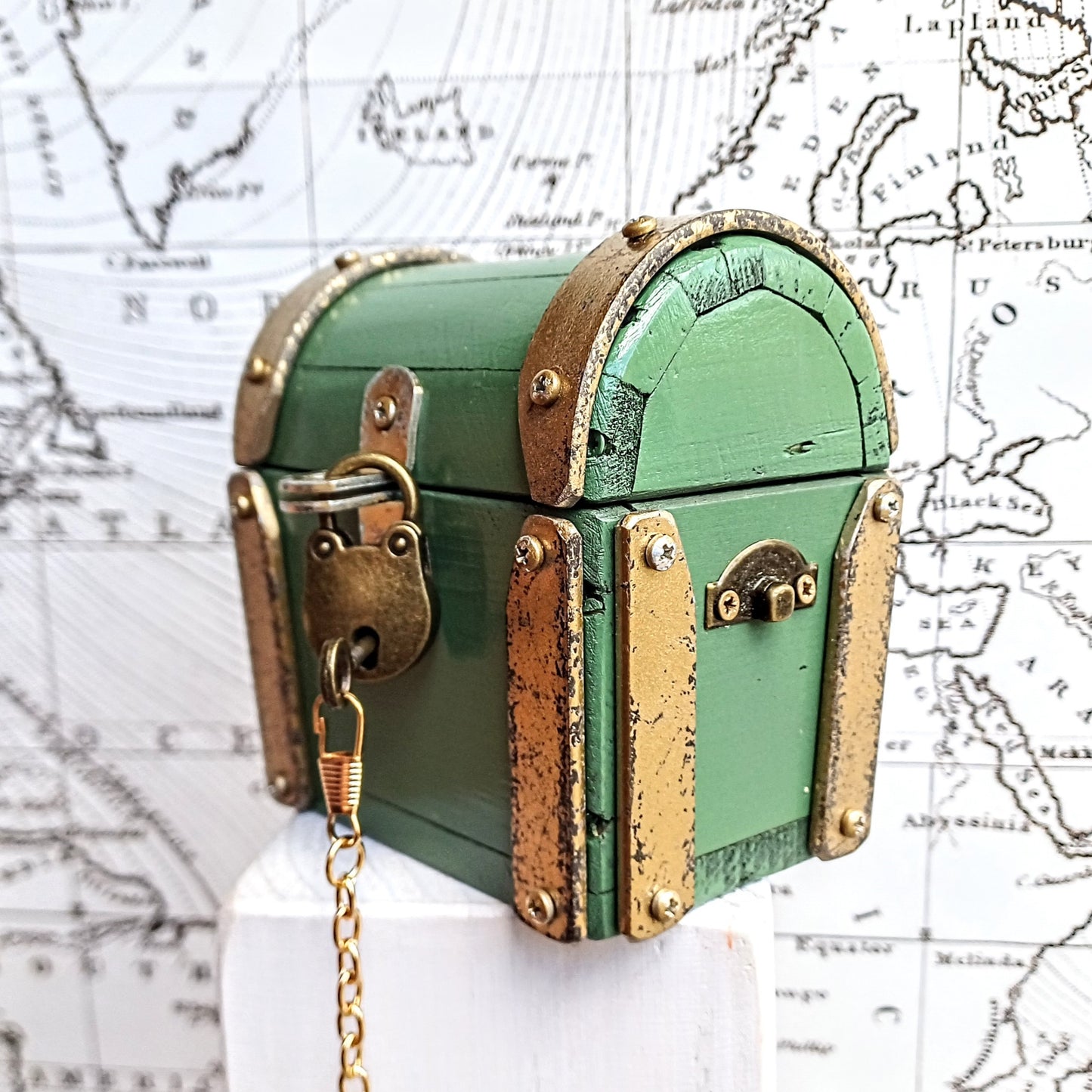 Mini treasure chest industrial vintage " Green Gold " handcrafted in Italy , valuable box for watch and jewels