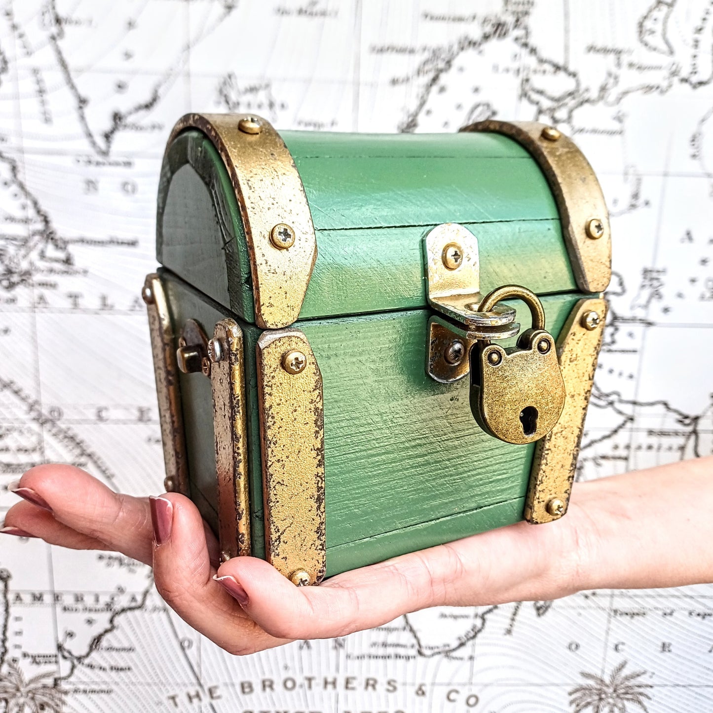 Mini treasure chest industrial vintage " Green Gold " handcrafted in Italy , valuable box for watch and jewels