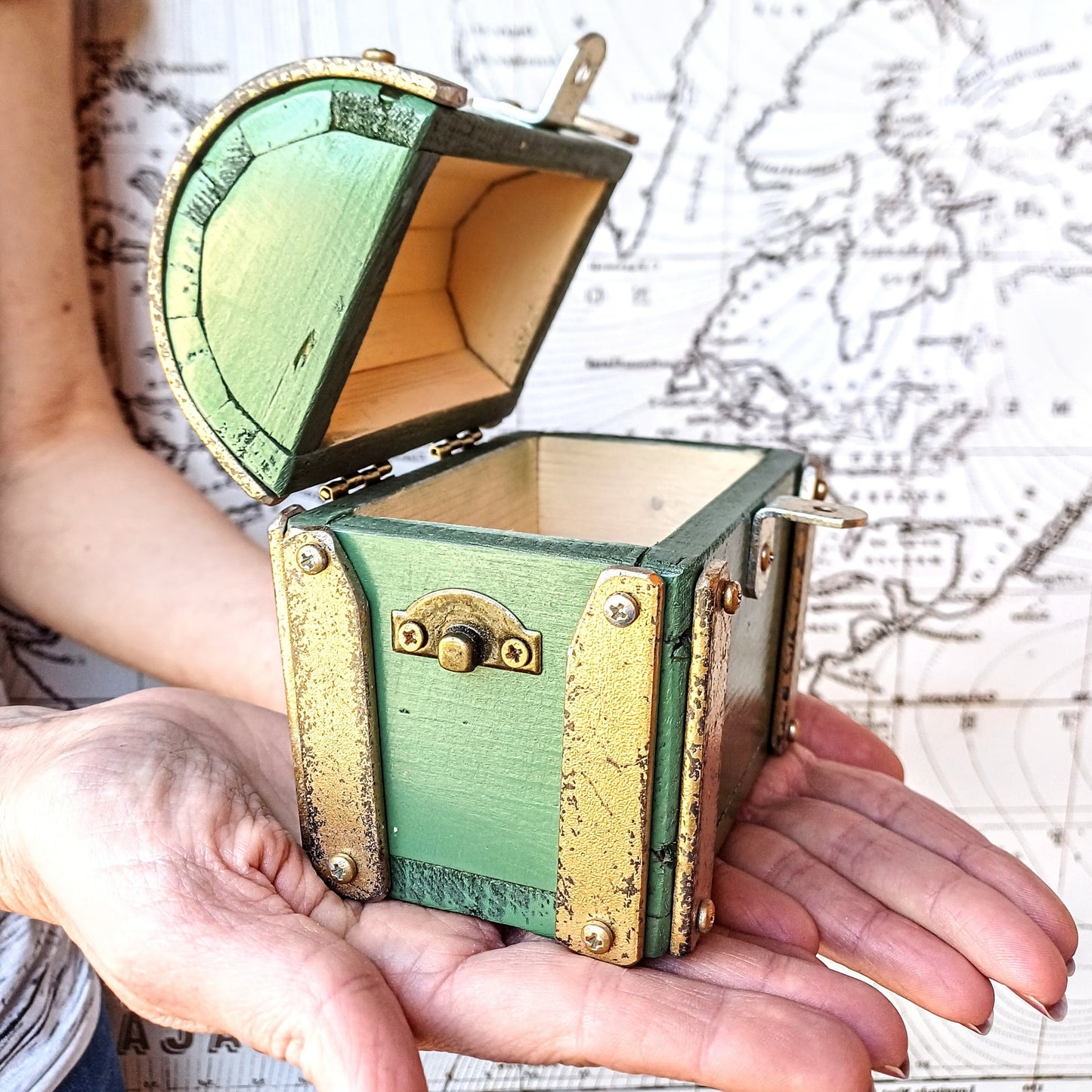 Mini treasure chest industrial vintage " Green Gold " handcrafted in Italy , valuable box for watch and jewels