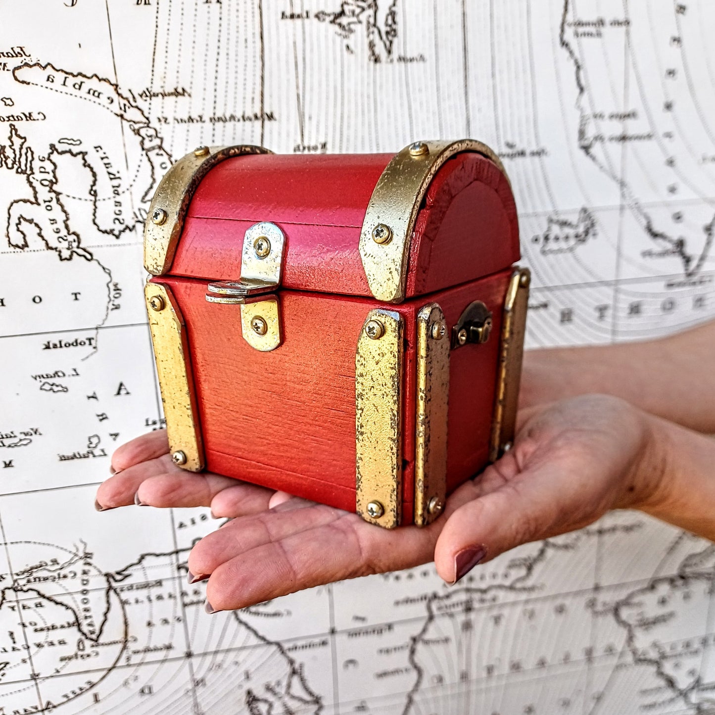 Mini wood jewelry chest "Ruby Red Gold" , handcrafted in Italy , vintage style , antique gold accents , premium quality jewelry chest .