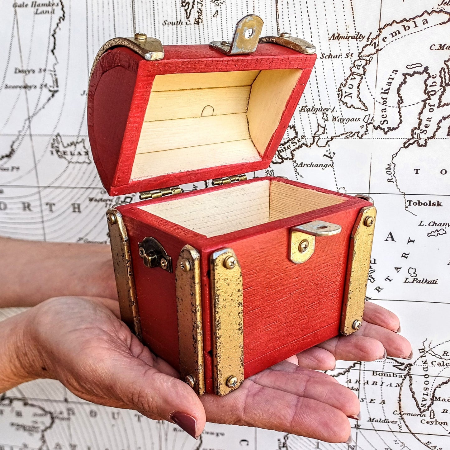 Mini wood jewelry chest "Ruby Red Gold" , handcrafted in Italy , vintage style , antique gold accents , premium quality jewelry chest .