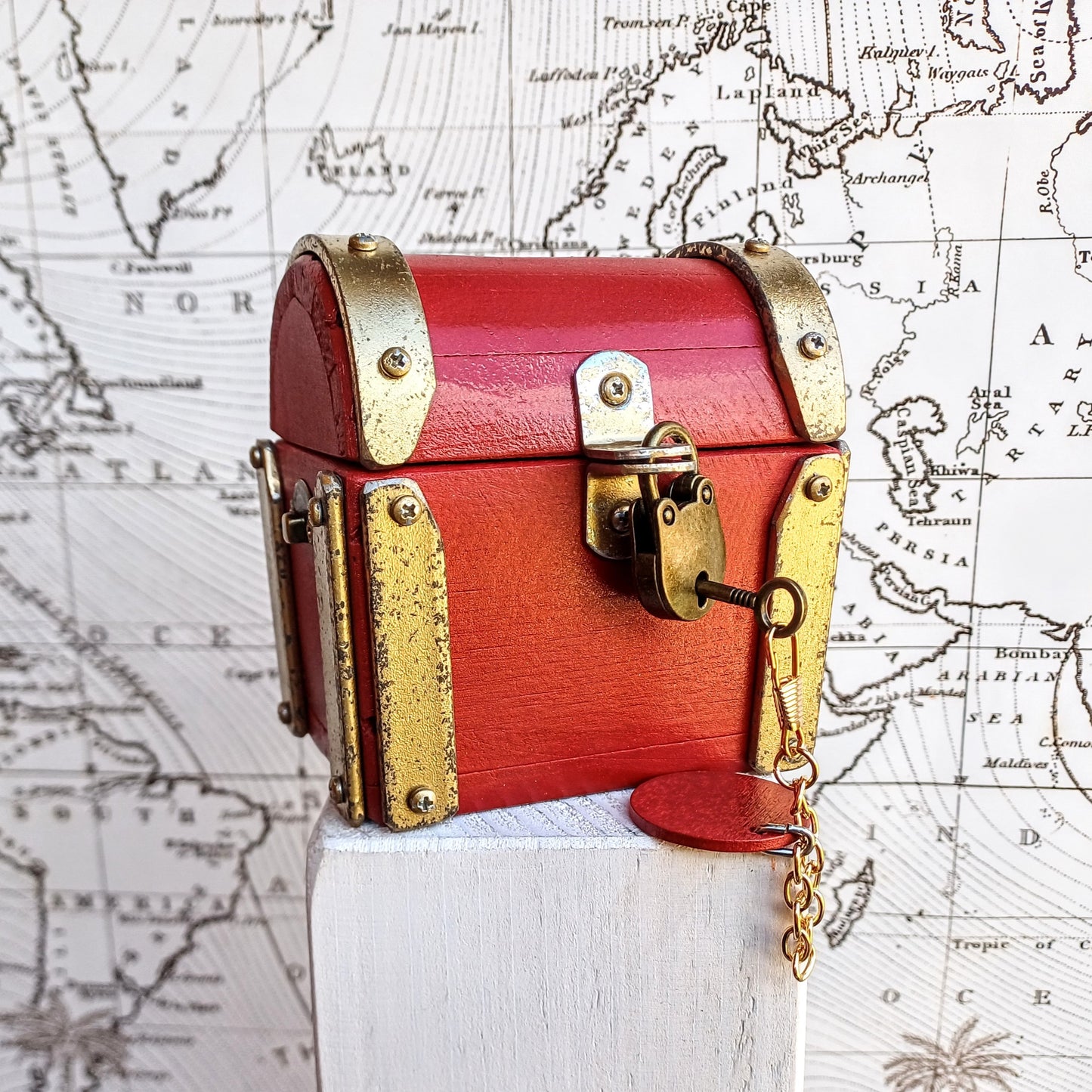 Mini wood jewelry chest "Ruby Red Gold" , handcrafted in Italy , vintage style , antique gold accents , premium quality jewelry chest .