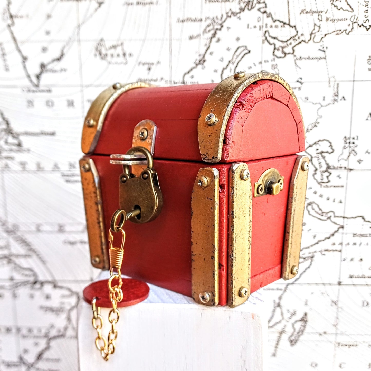 Mini wood jewelry chest "Ruby Red Gold" , handcrafted in Italy , vintage style , antique gold accents , premium quality jewelry chest .