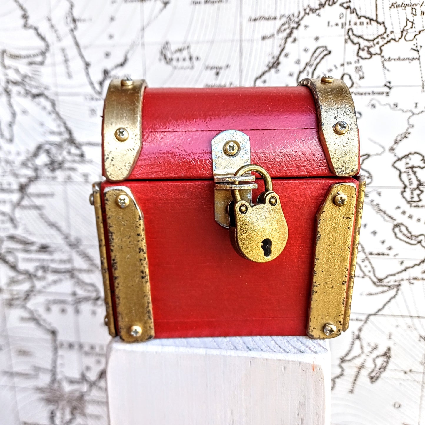 Mini wood jewelry chest "Ruby Red Gold" , handcrafted in Italy , vintage style , antique gold accents , premium quality jewelry chest .