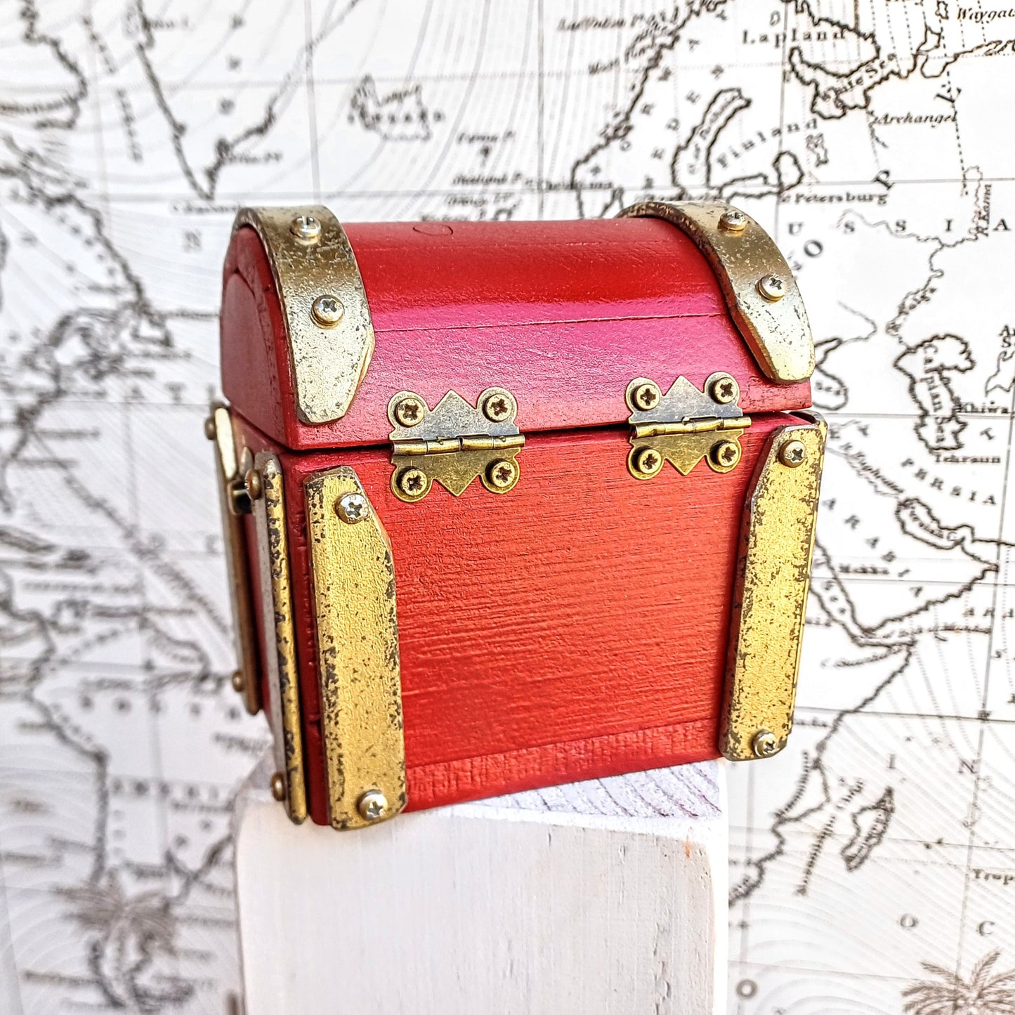 Mini wood jewelry chest "Ruby Red Gold" , handcrafted in Italy , vintage style , antique gold accents , premium quality jewelry chest .