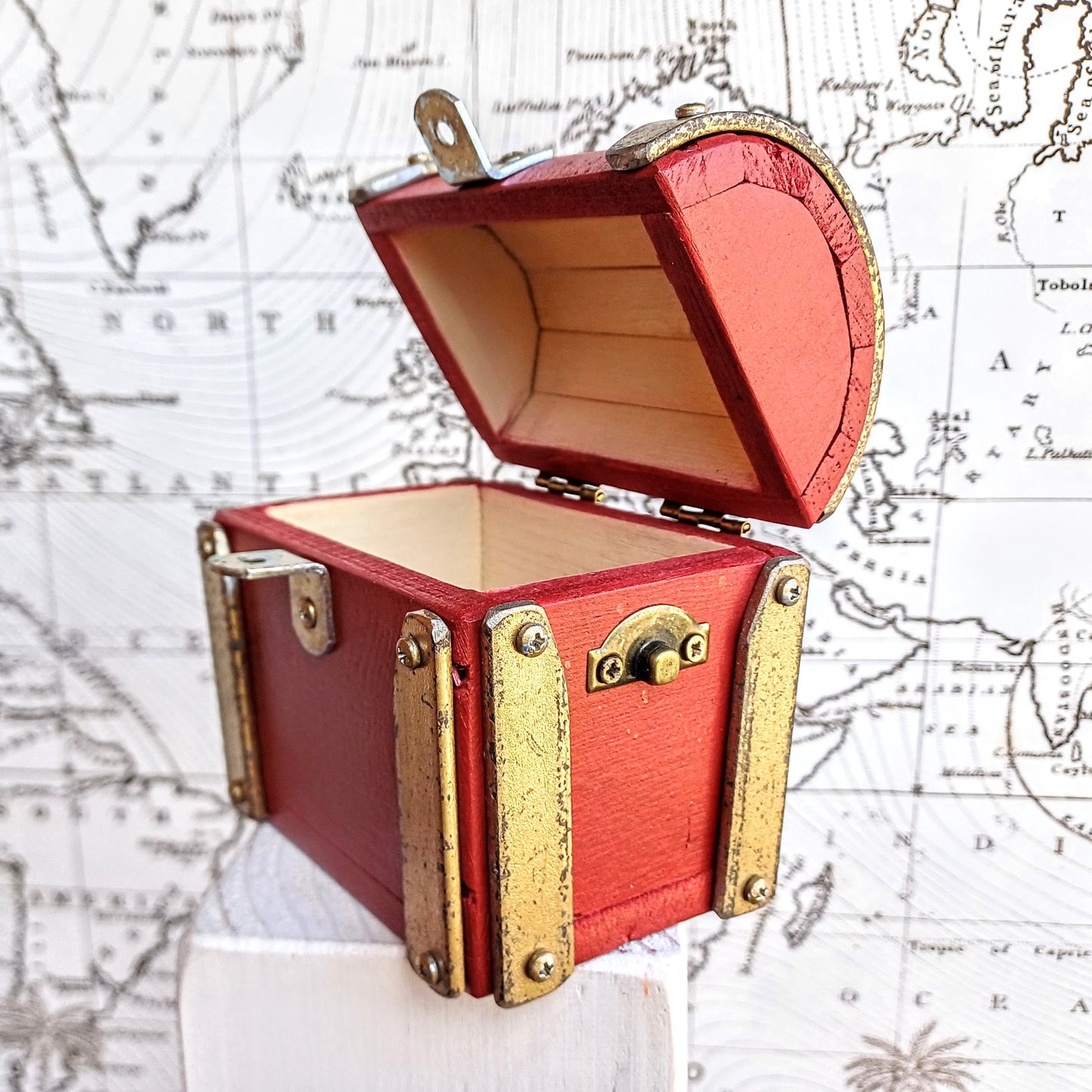 Mini wood jewelry chest "Ruby Red Gold" , handcrafted in Italy , vintage style , antique gold accents , premium quality jewelry chest .
